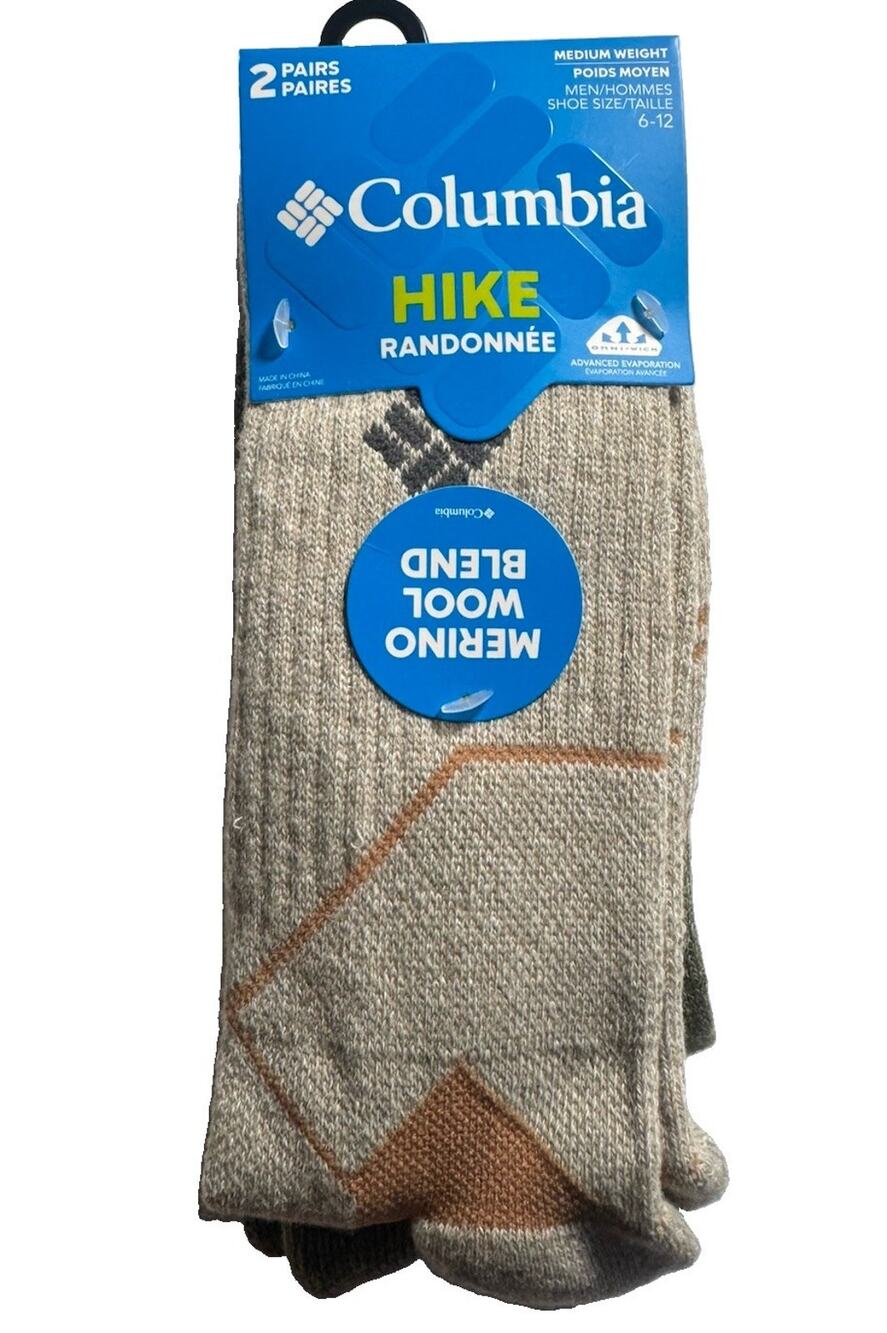 Columbia Men's Merino Wool Blend Hiking Crew Socks 2 Pair Size 6-12 NWT